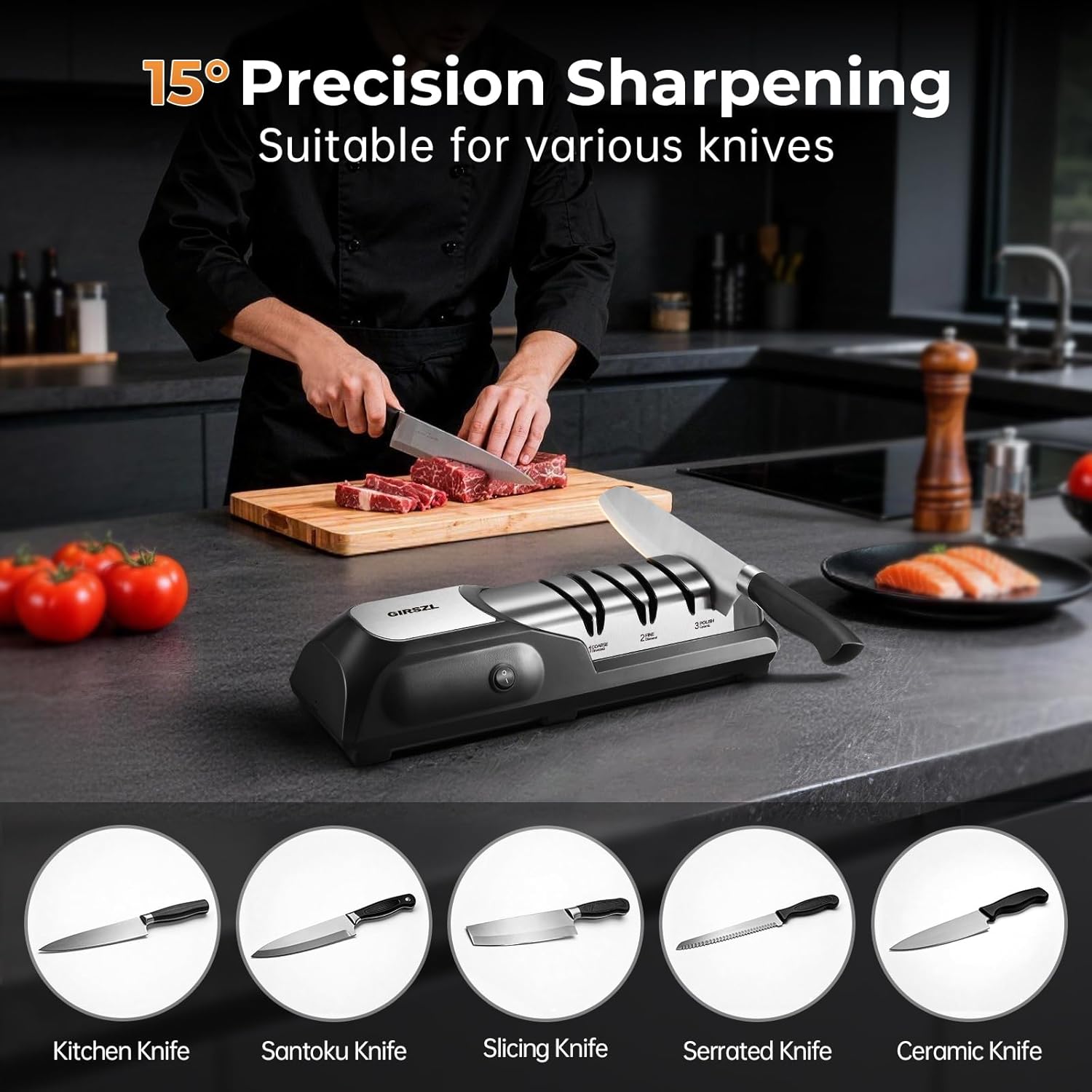 Kitchen Professional Electric Knife Sharpener: 3-Stage 100% Diamond Abrasives Knife Sharpeners with 15° Precision