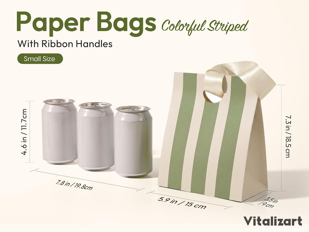 Striped Paper Gift Bags With Ribbon Handles Small Bulk Pack