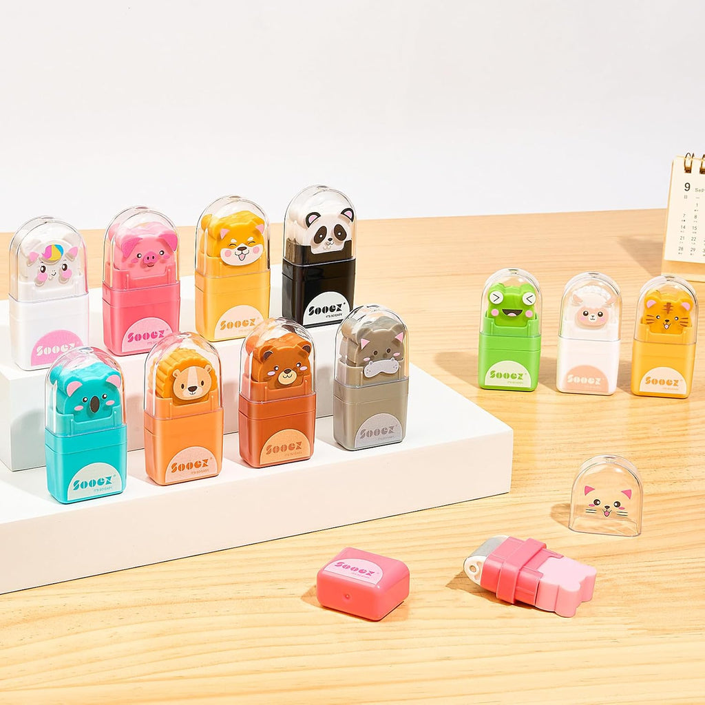 12 Pack Pencil Erasers, Cute Animal Eraser with Clean up Roller and Cover, Latex-Free, Bulk Art Drawing Erasers for