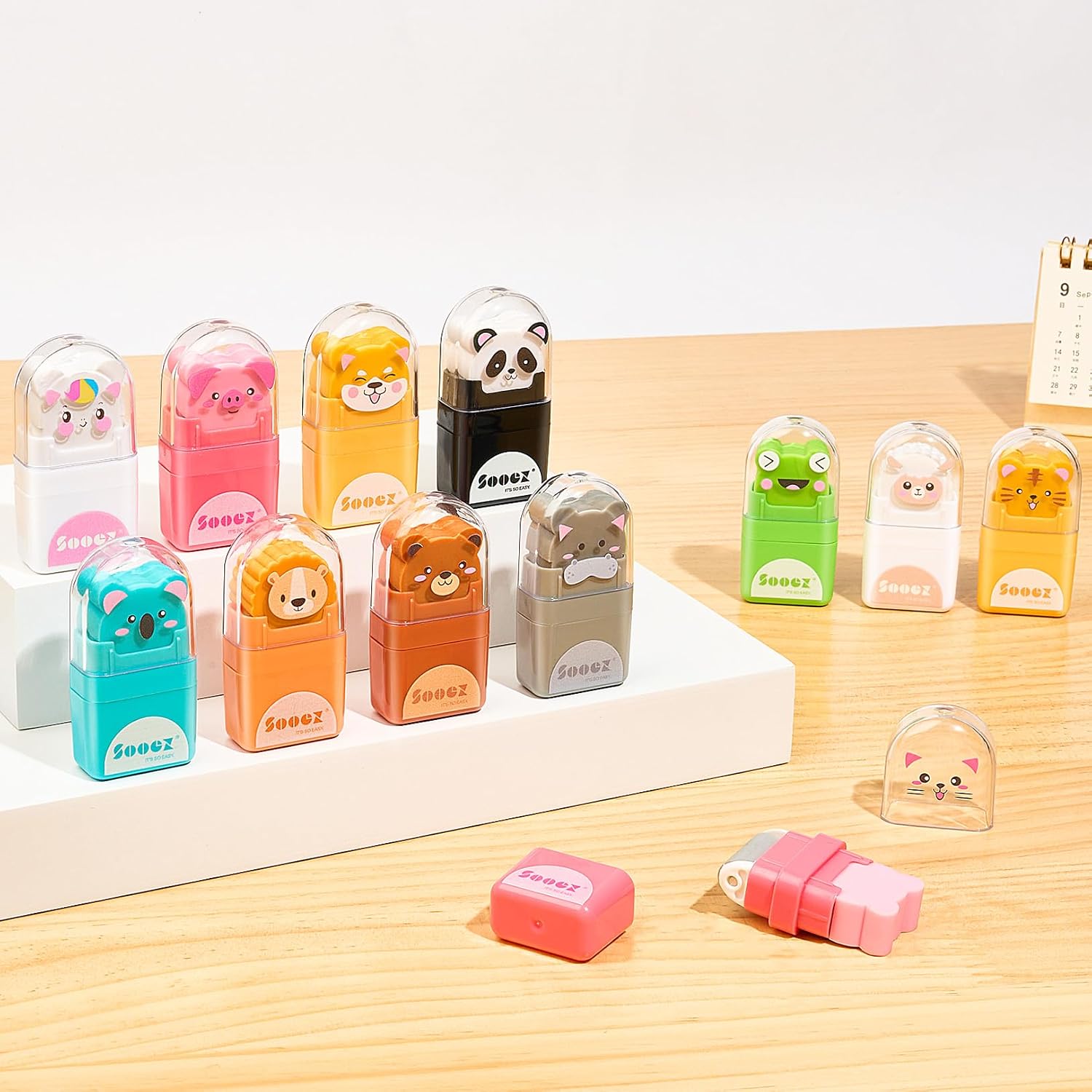 12 Pack Pencil Erasers, Cute Animal Eraser with Clean up Roller and Cover, Latex-Free, Bulk Art Drawing Erasers for