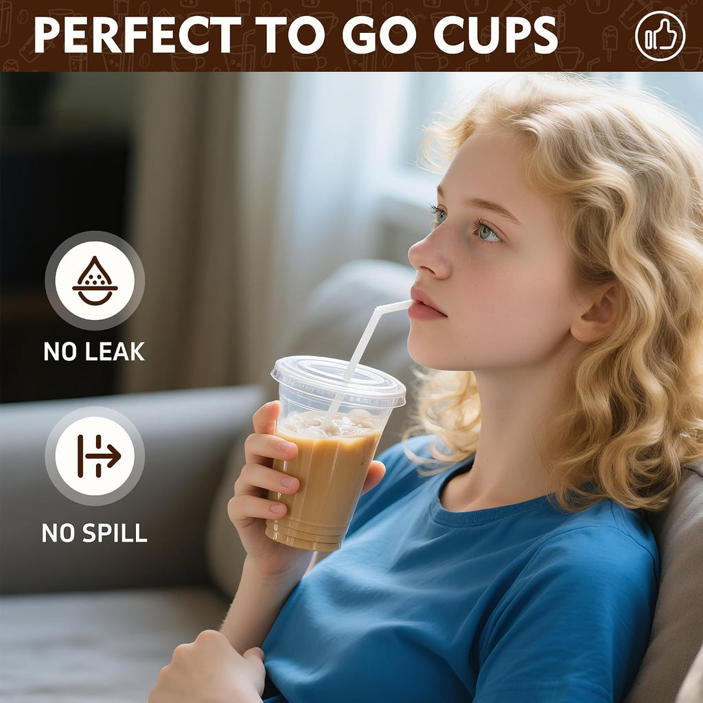 16 oz 50 Pack Clear Plastic Cups with Flat Lids, Disposable Cups With Straw Slot Lids for Cold Drinks