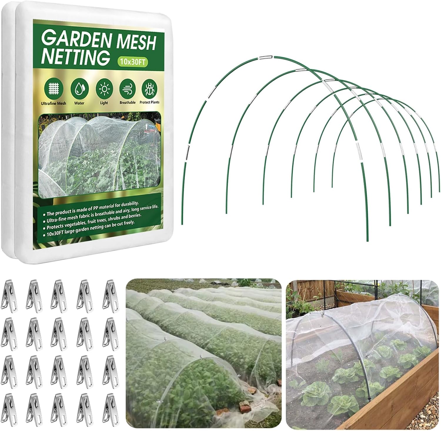 Garden Netting Kit for Raised Beds, 10x30FT Ultra Fine Mesh Netting＆ 6 Sets of 8FT Fiberglass Garden Hoops, Row Cover