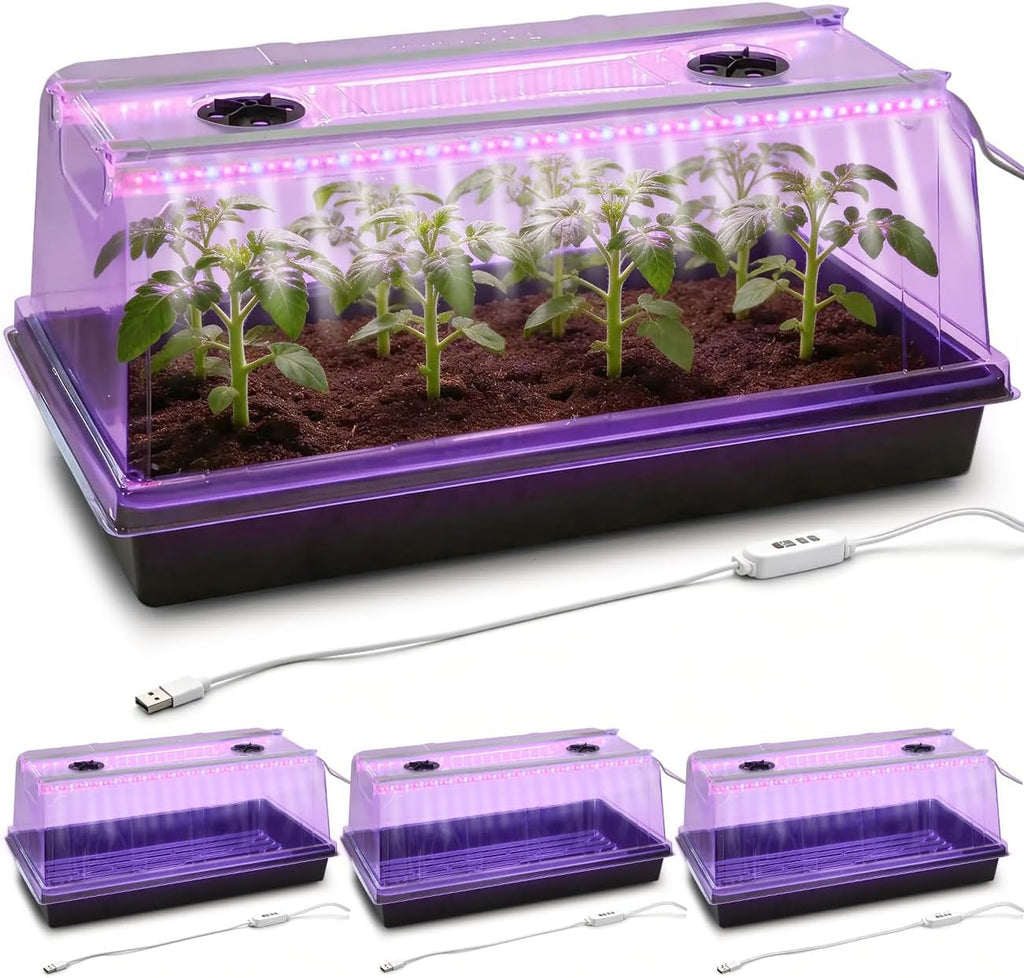4-Pack 1020 Seed Starter Tray with Grow Light & 6.3" Tall Humidity Dome | Large Heavy Duty Plant Germination Kit for