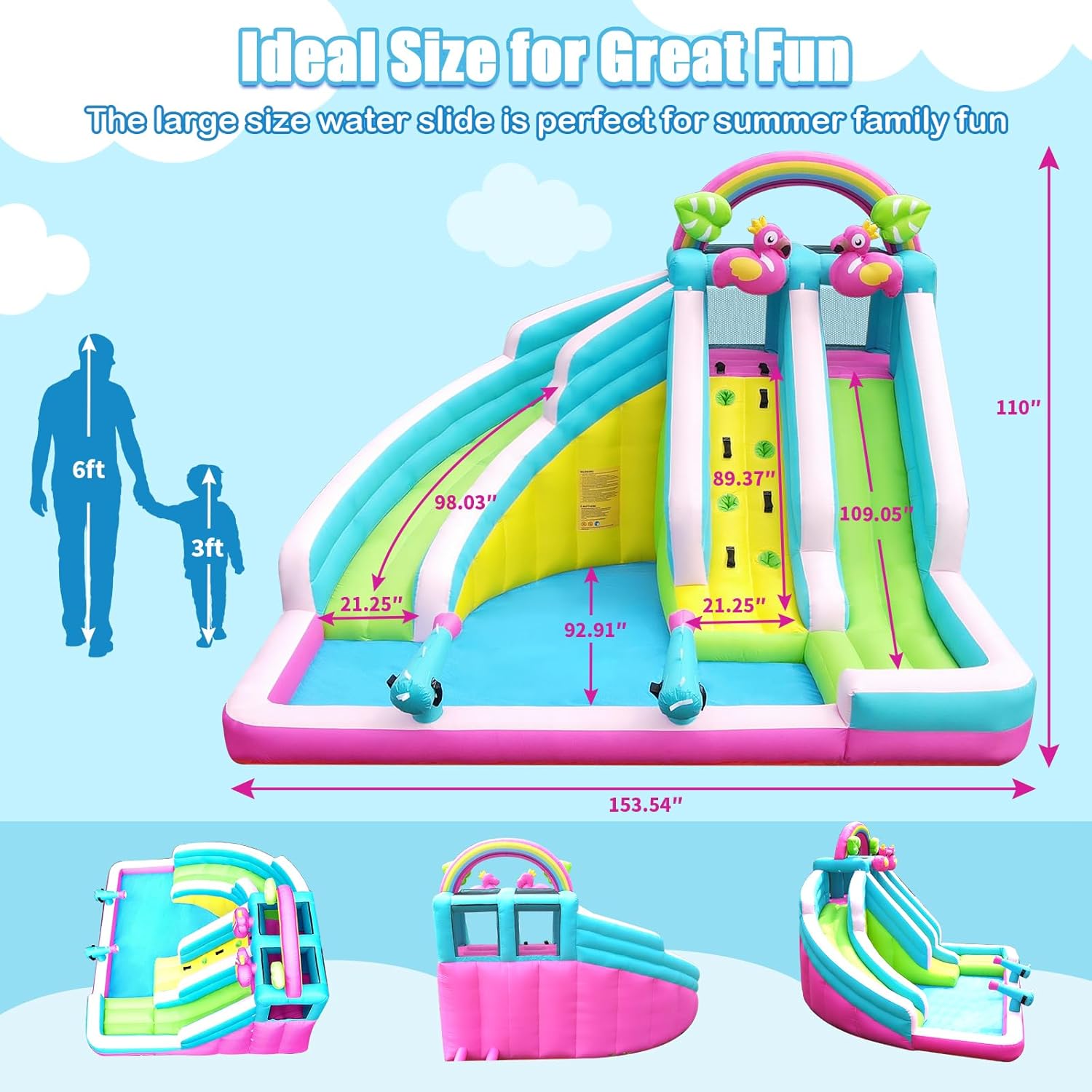 Inflatable Water Slide, 6 in 1 Blow Up Water Park Aged 3-10, Flamingo Style Water Bounce House with Double Long