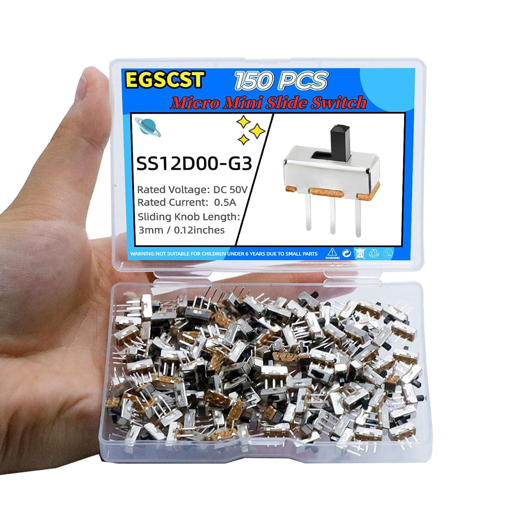 150PCS Micro Mini Slide Switch SPDT Toggle Switches 1p2t 2 Position 3 Pin Small Miniature Vertical Panel Mount Knob for Arduino PCB Breadboard Electronic Project - SS12D00G 3mm DC 50V 0.5A