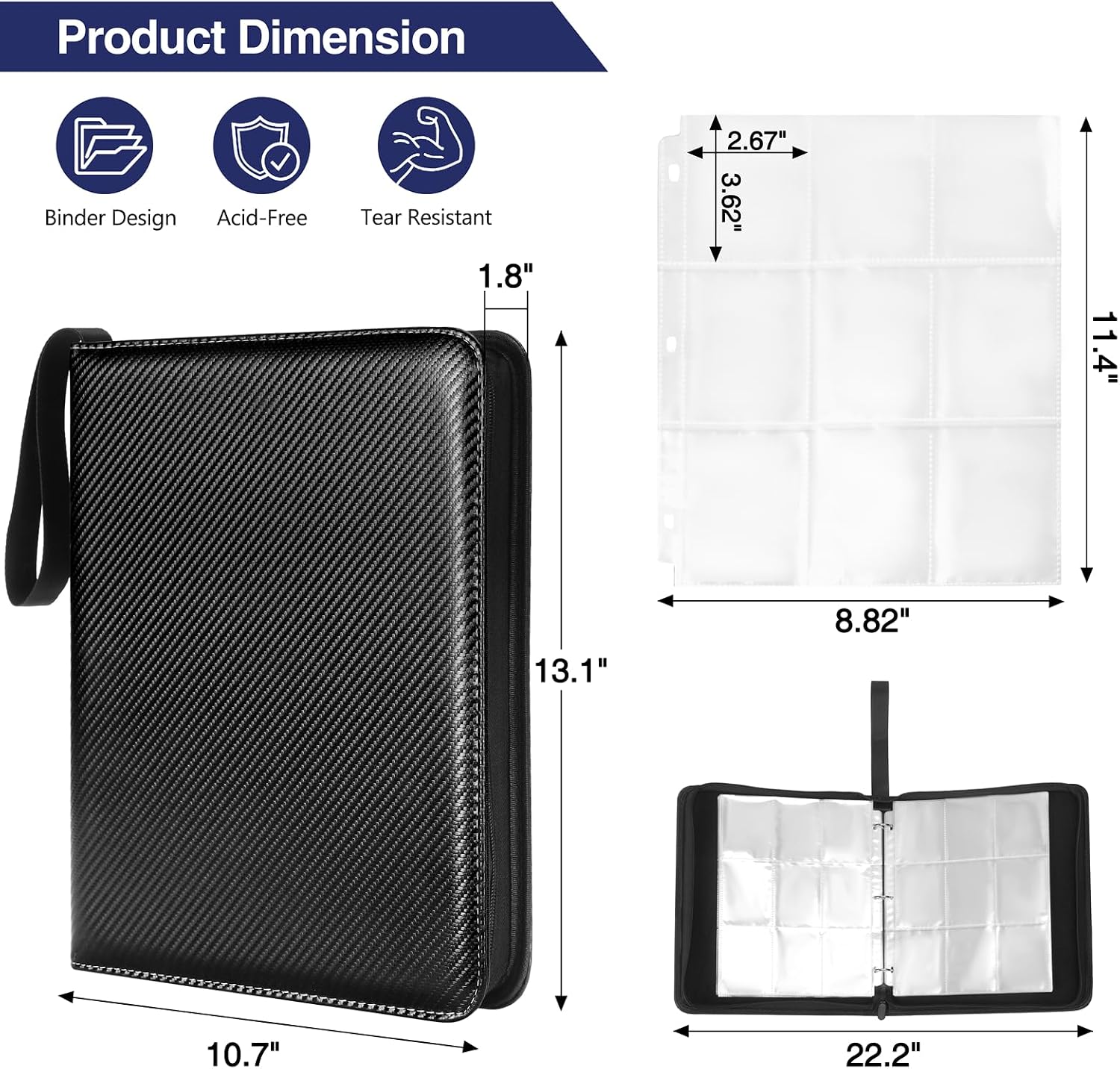 9 Pocket Trading Card Binder, 1008 Pockets in 56 Removable Double-Sided Sleeves, PU Zip Card Collection Storage