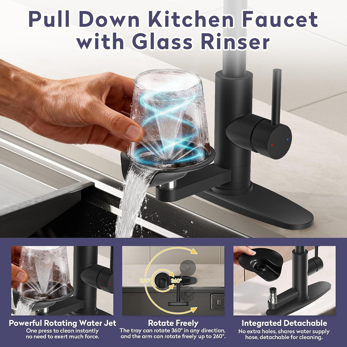 Black Kitchen Faucet with Pull Down Sprayer & Cup Washer
