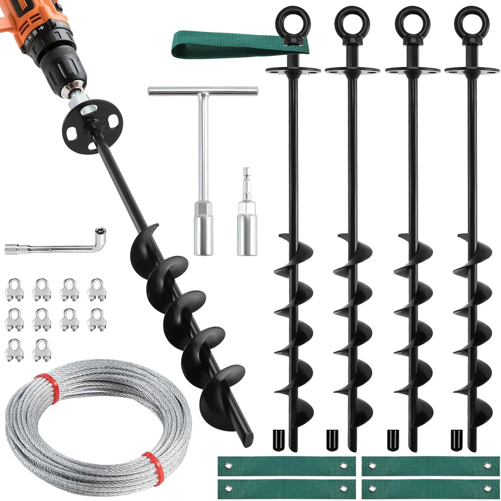 18'' Ground Anchors Screw in Heavy Duty, Shed Anchor Kit with Straps & Steel Cable & Tools, Earth Anchors for Mobile