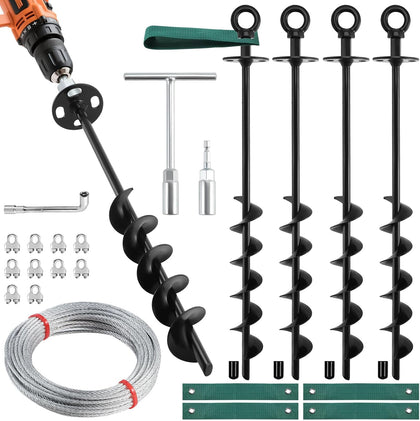 18'' Ground Anchors Screw in Heavy Duty, Shed Anchor Kit with Straps & Steel Cable & Tools, Earth Anchors for Mobile