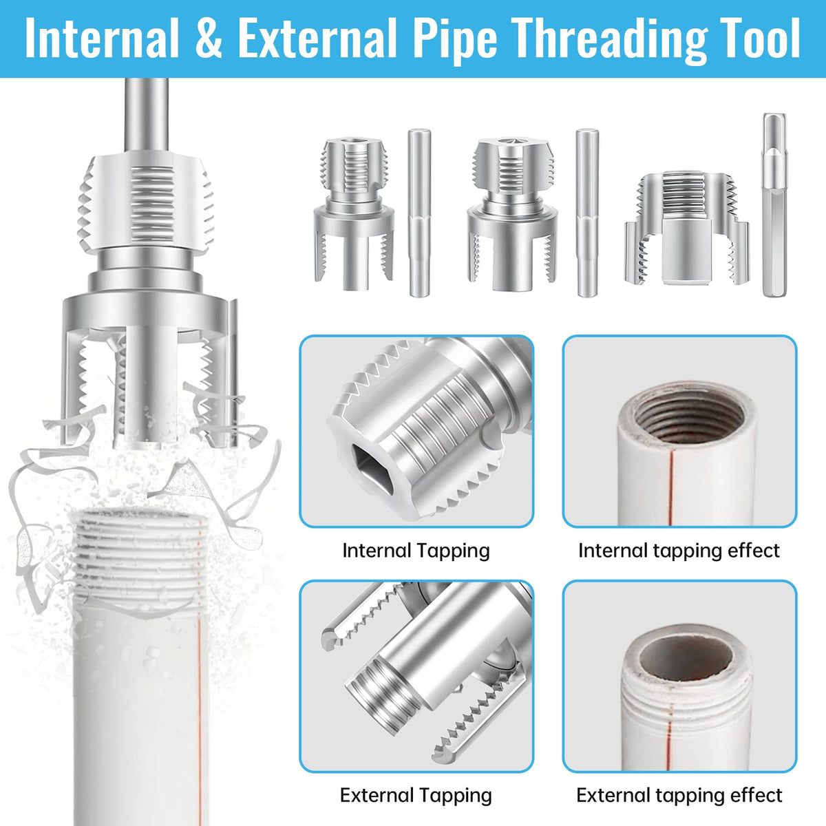 3PCS Integrated PVC Pipe Threader Tool - 1/2" & 3/4" & 1" Dual-Function Internal External Pipe Threading Tool for Water Pipe, Electric Drill Compatible Heavy-Duty Pipe Thread Cutting Tool Set (3 Size)