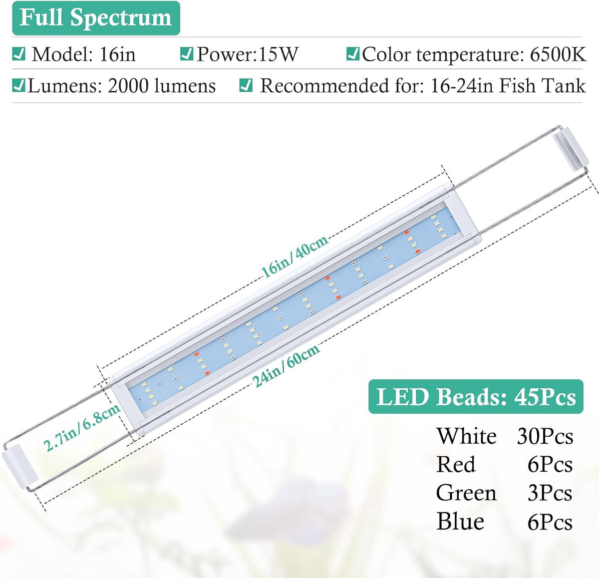 Full Spectrum LED Aquarium Light – 16-24” Classic Fish Tank Light with Timer, Aquarium Plant Light with Stable