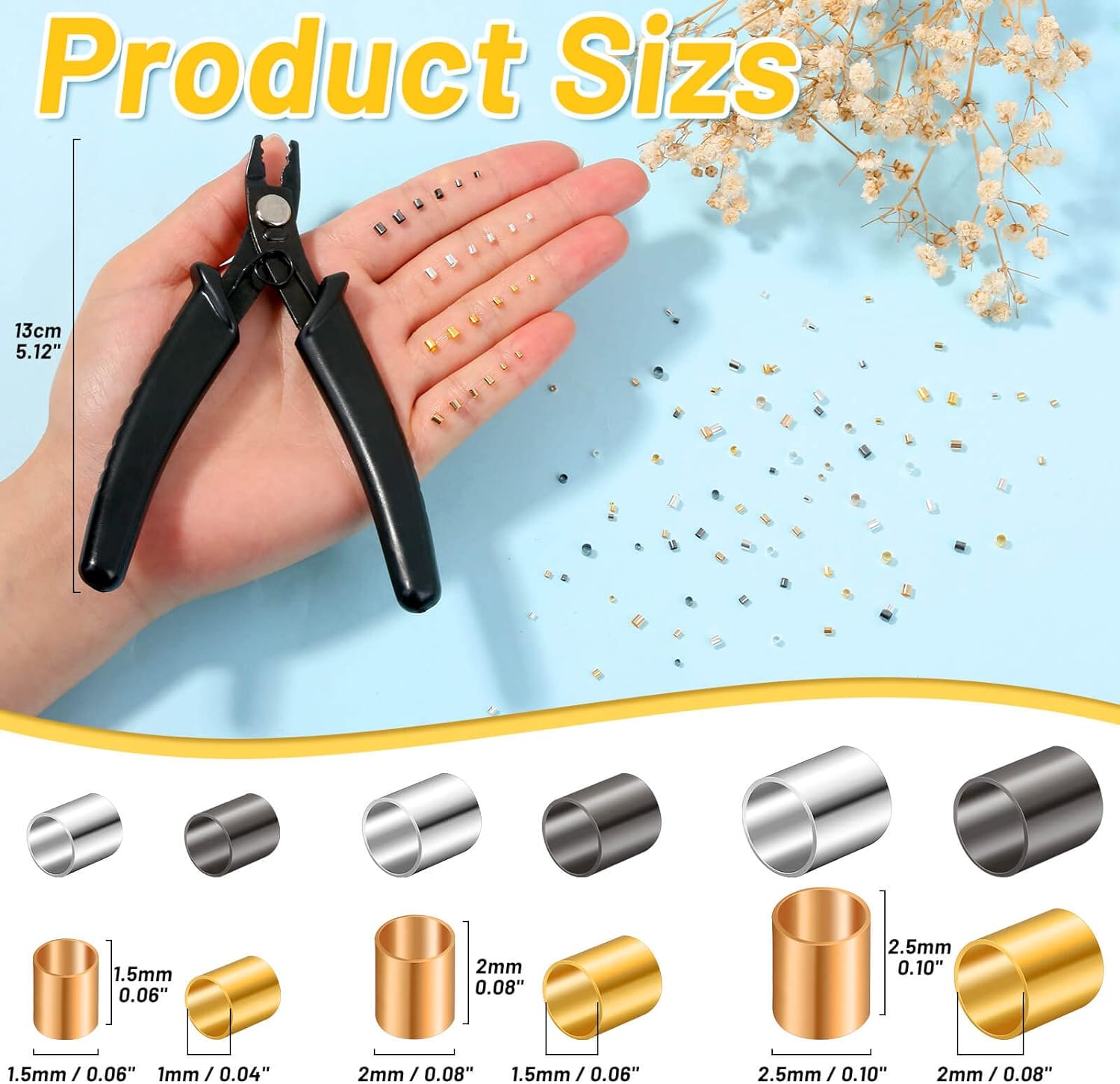 Crimping Beads for Jewelry Making, 2200 Pieces Crimp Tubes with Crimping Pliers for Earring Necklace Bracelet DIY