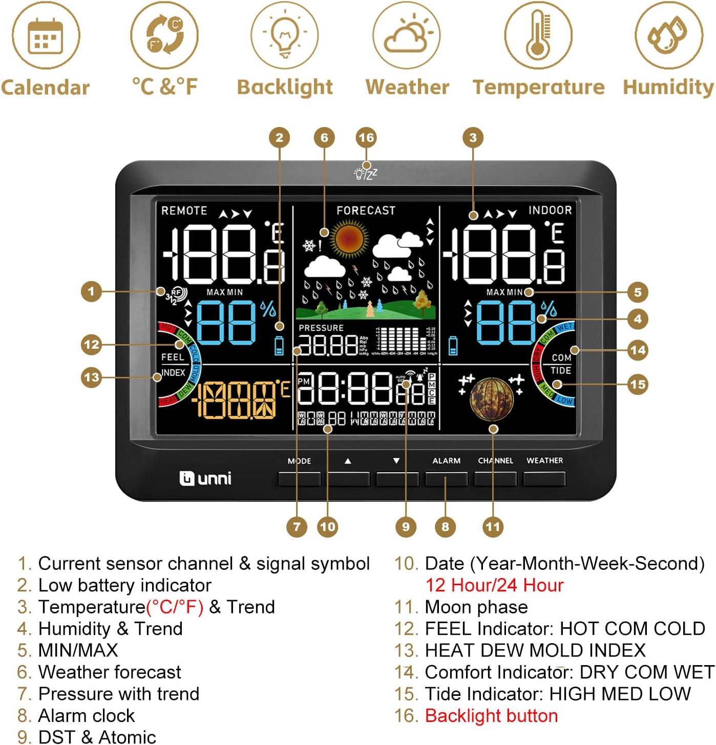 Weather Station Indoor Outdoor Thermometer Wireless Atomic Clock Black | Home Atomic Clock Large Constant Display