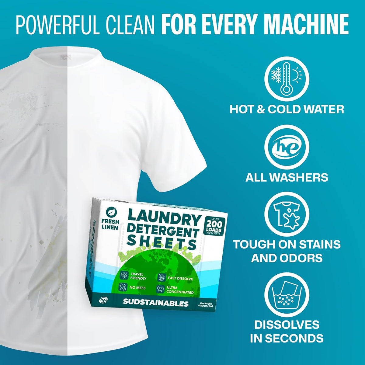 Laundry Detergent Sheets, Fresh Linen, 200 Loads