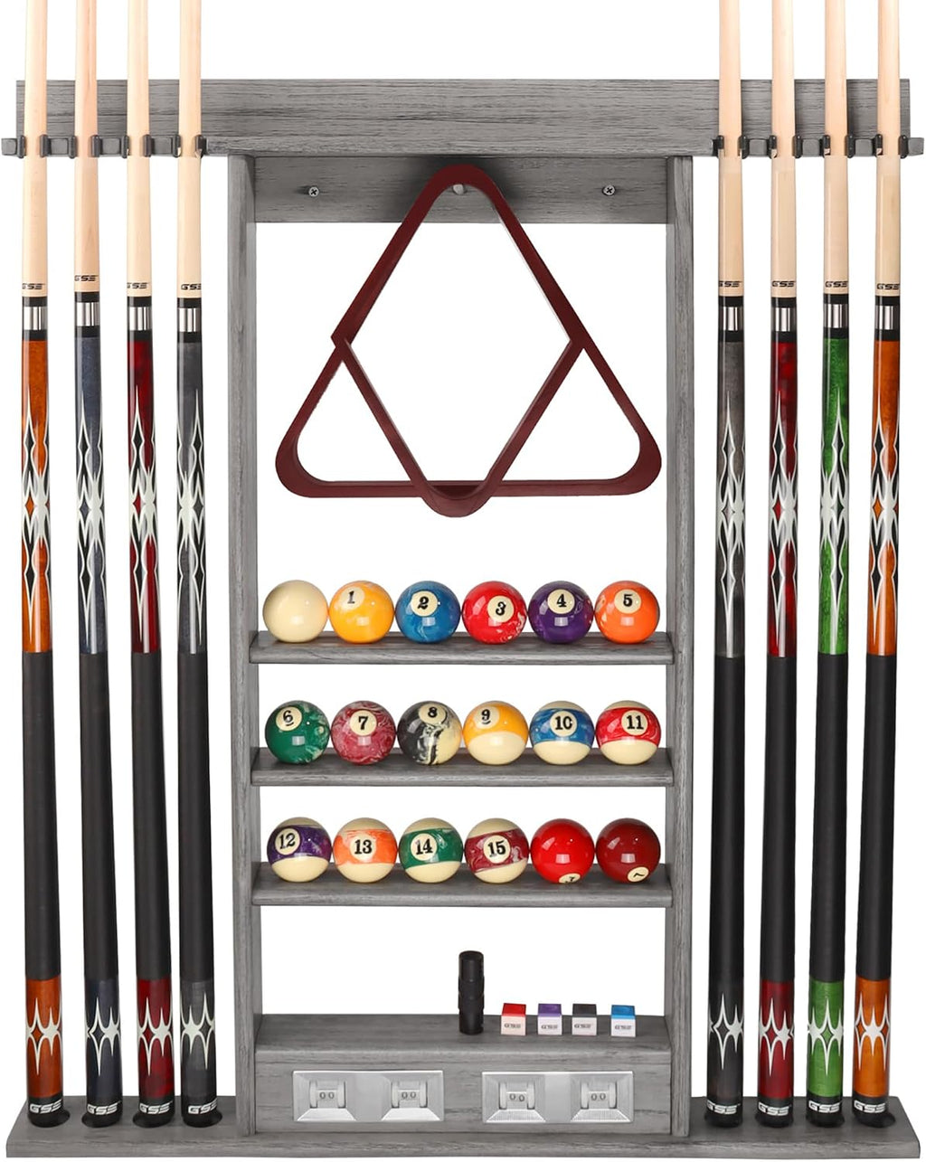 GSE Wall Mount Pool Cue Rack with Score Counters Only, Holds 6/8 Pool Cues | Holds 2 Billiard Ball Racks, Full Set of