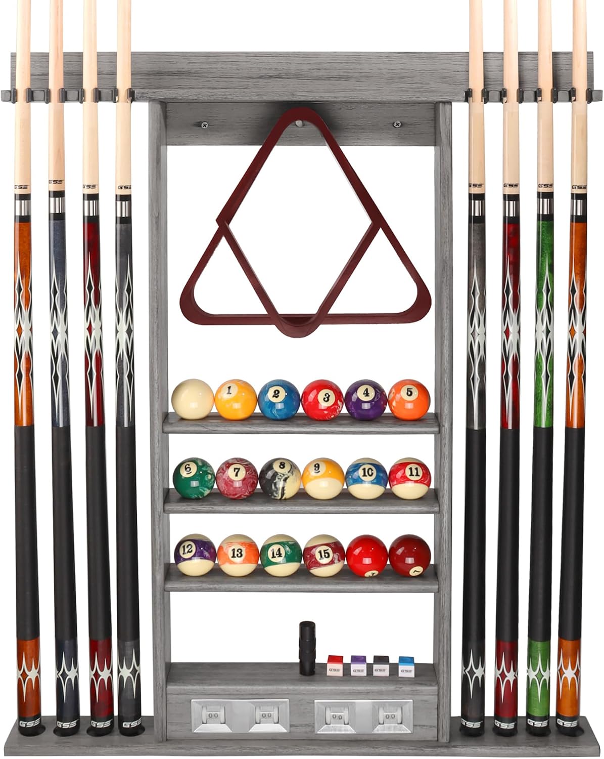 GSE Wall Mount Pool Cue Rack with Score Counters Only, Holds 6/8 Pool Cues | Holds 2 Billiard Ball Racks, Full Set of