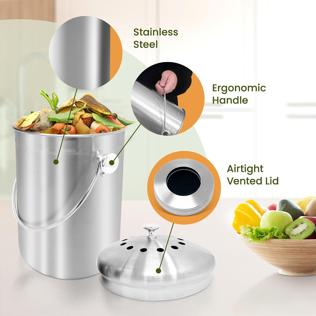 1.3 Gallon Stainless Steel Compost Bin for Kitchen | Charcoal Filters | Silver, Indoor Composting Bin with Charcoal