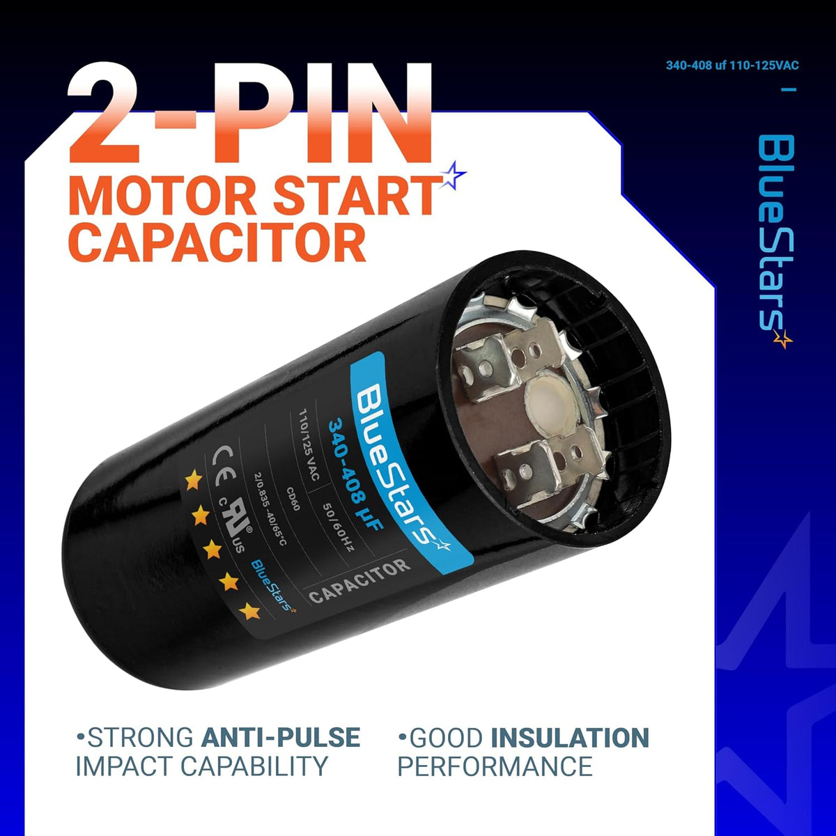 [2025 Upgraded] BlueStars 340-408 uF MFD 110-125VAC Motor Start Capacitor