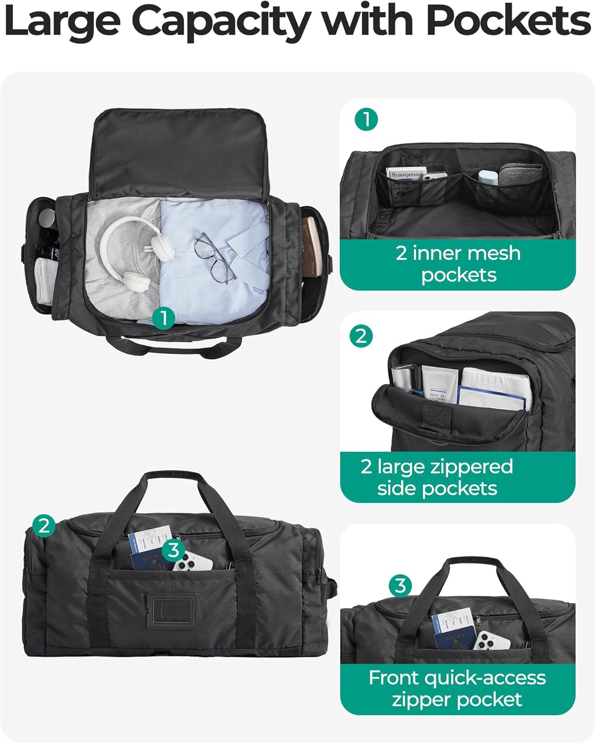 BAGSAMRT 60L Foldable Duffle Bag for Travel, Large Travel Duffel Bag for Men, 4 in 1 Travel Backpack, Carry on