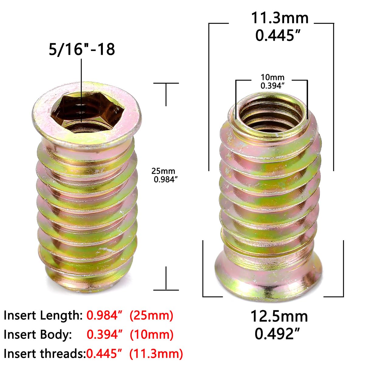 30 Pcs 5/16"-18x25mm Threaded Inserts for Wood Woodworking Furniture
