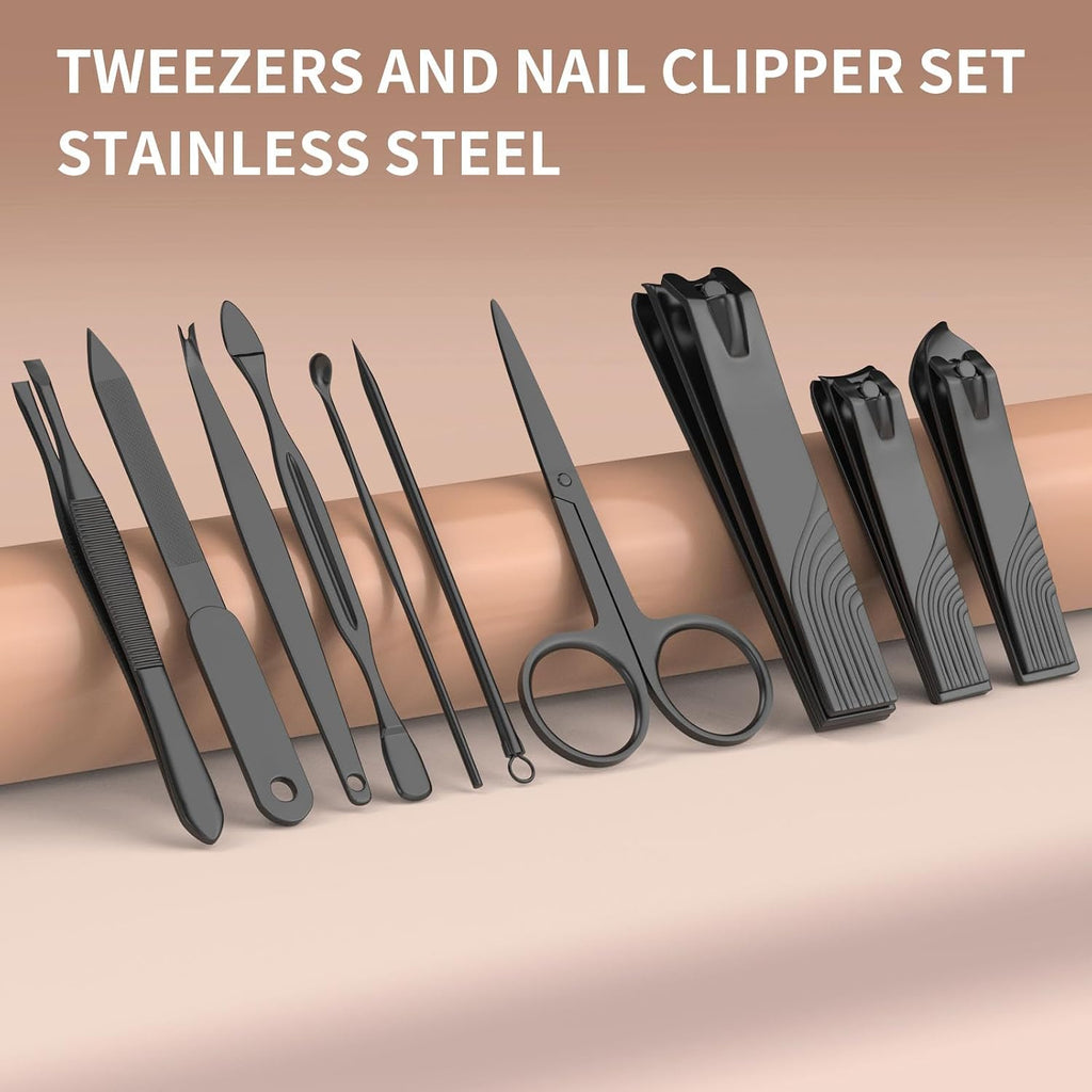 Nail Clippers Manicure Pedicure Set 18 in 1 Nail Grooming Kit with Leather Travel Case(Black/Pink)