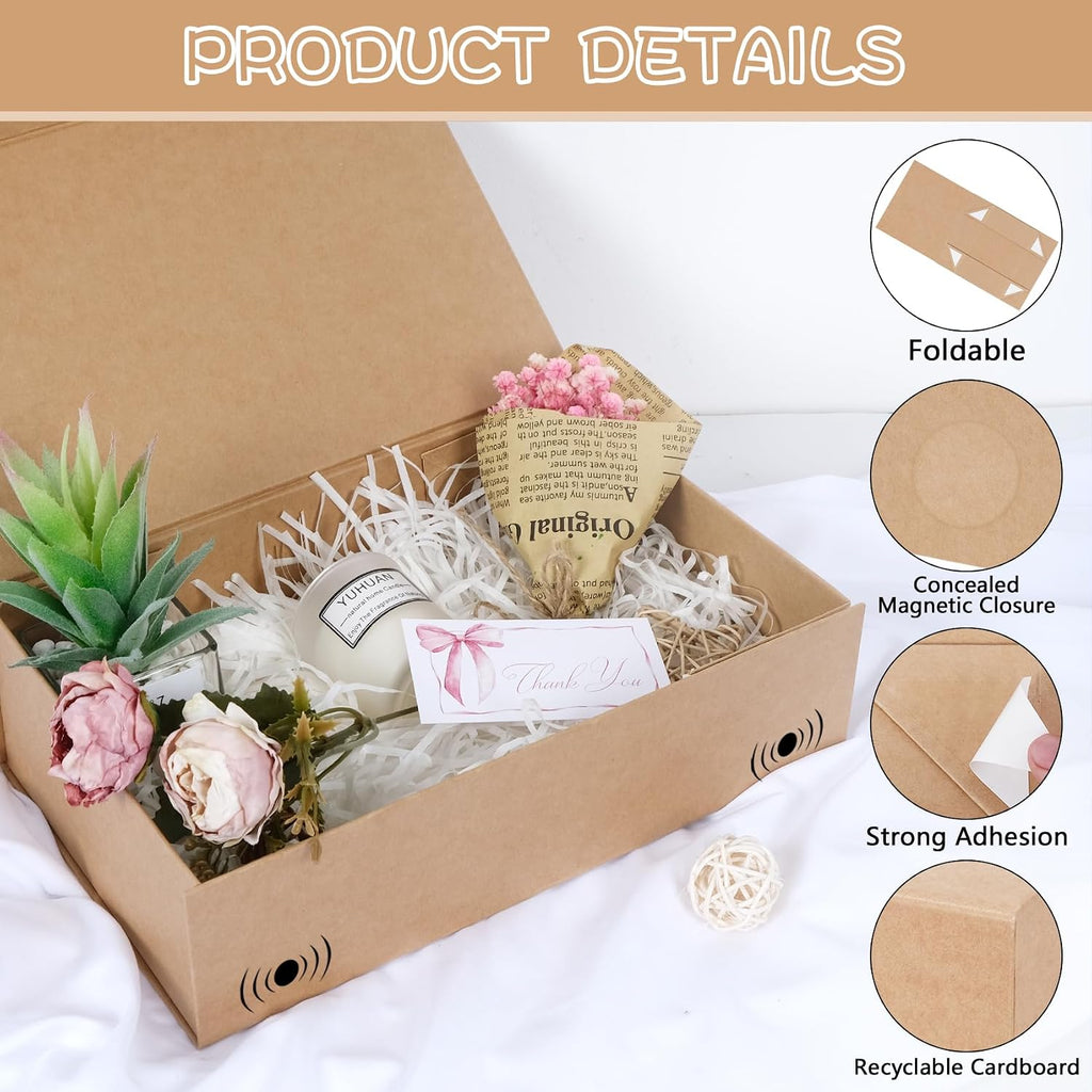 Brown Gift Box with Magnetic Lids for Presents 13.8x9x4.3 in, Large Rectangle Collapsible Decorative Storage Boxes