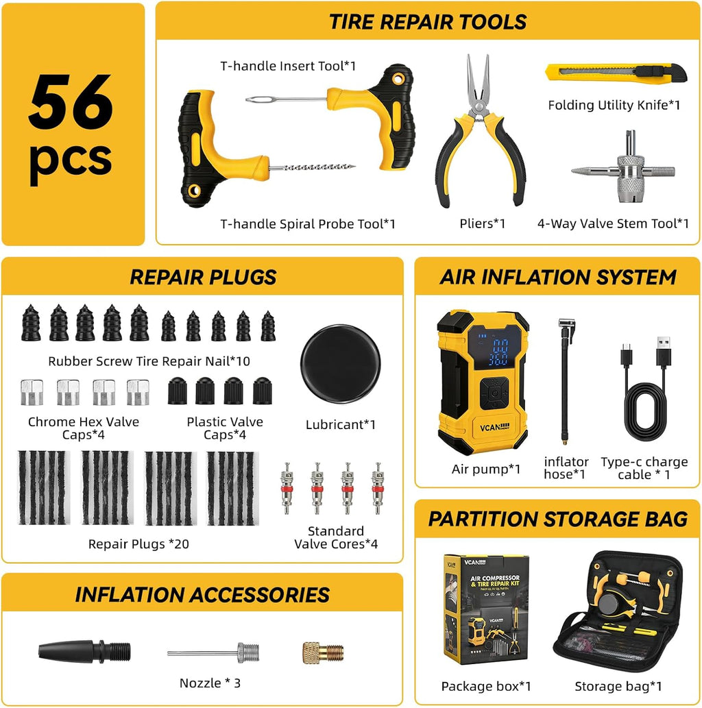 Flat Tire Repair Kit with Air Compressor, 150PSI Portable Air Pump with Auto-Stop & LED, Heavy Duty Tire Plug Kit for
