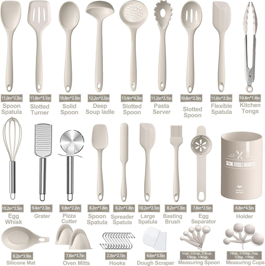 Silicone Kitchen cooking Utensils Set, AIKKIL 43 Pcs Heat Resistant Khaki Cooking Utensils Set, Turner, Tongs, Spoon
