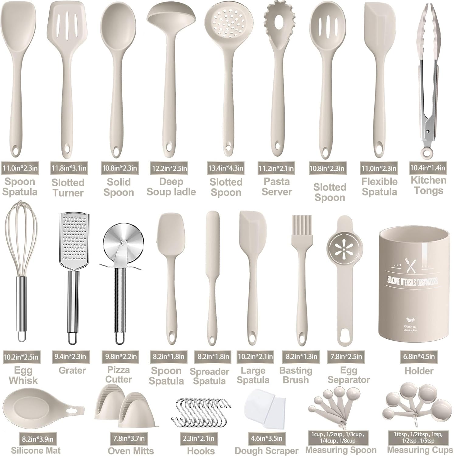 Silicone Kitchen cooking Utensils Set, AIKKIL 43 Pcs Heat Resistant Khaki Cooking Utensils Set, Turner, Tongs, Spoon