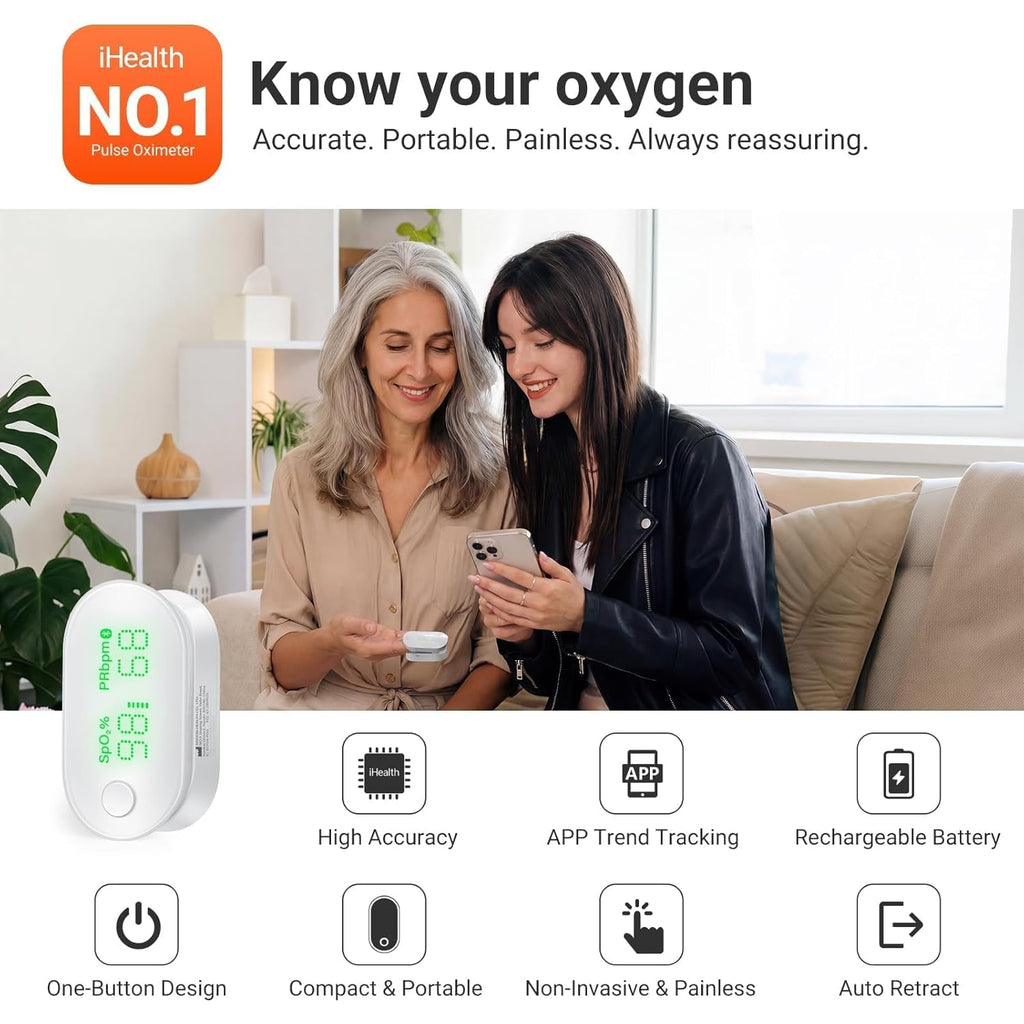 Rechargeable Fingertip Pulse Oximeter, Bluetooth Blood Oxygen Monitor with App Trend Tracking, SpO2, Pulse Rate