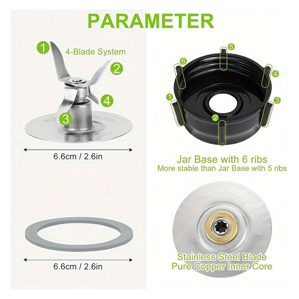 Compatible For Oster， Blender Replacement Kit: Stainless Steel Blade, Jar Base Cap & 2 Rubber O-Rings