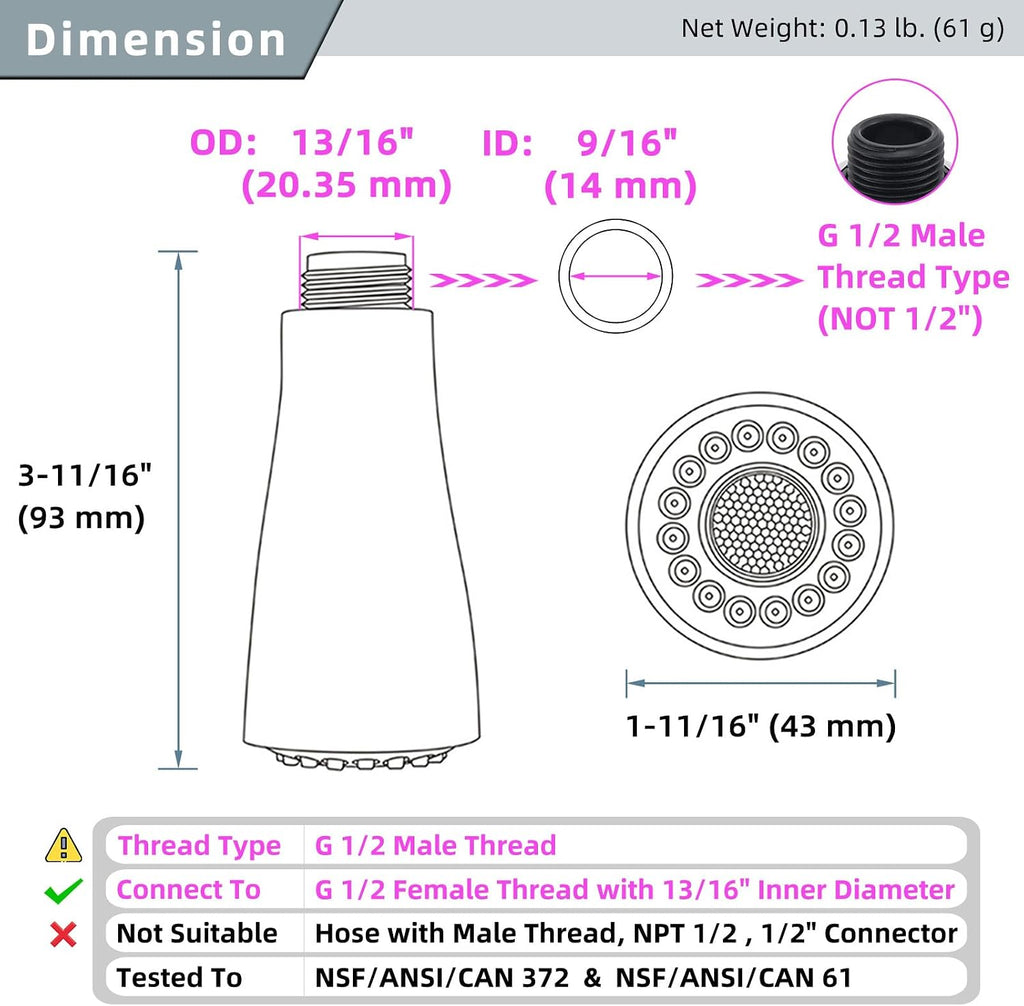 Kitchen Faucet Head, Sink Sprayer Replacement, Matte Black