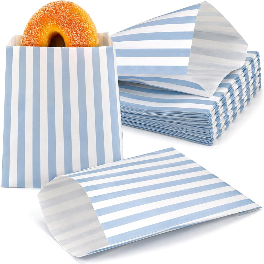120Pcs Flat Paper Bags, Sandwich Treat Bag, Blue White Stripe