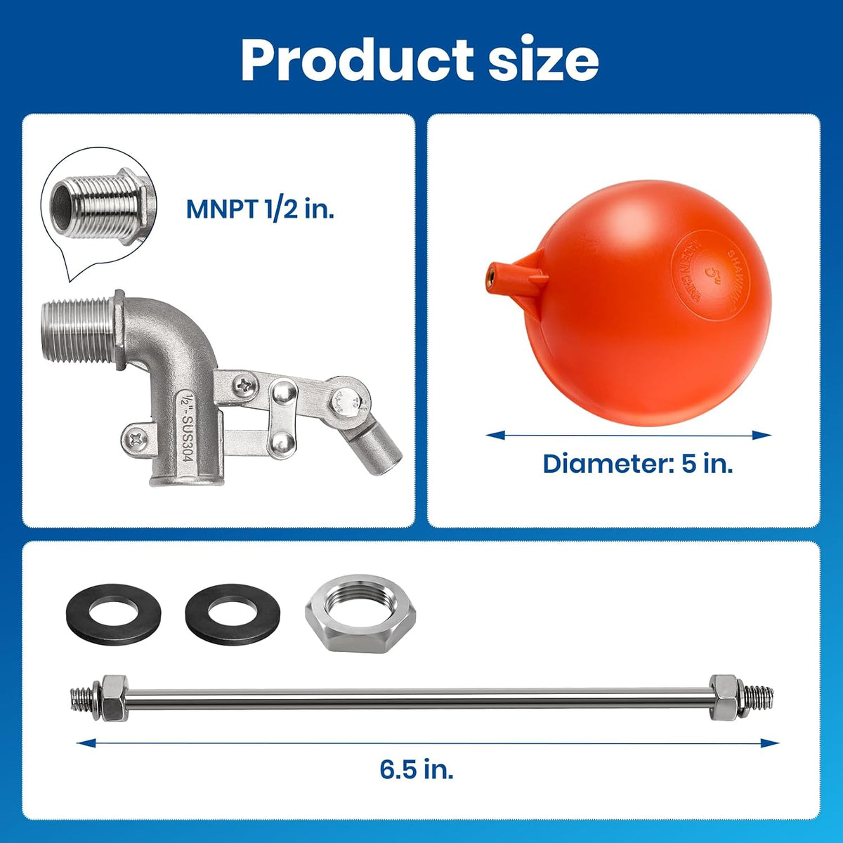 1/2" Stainless Steel Float Valve for Water Tank with 5" Float Ball