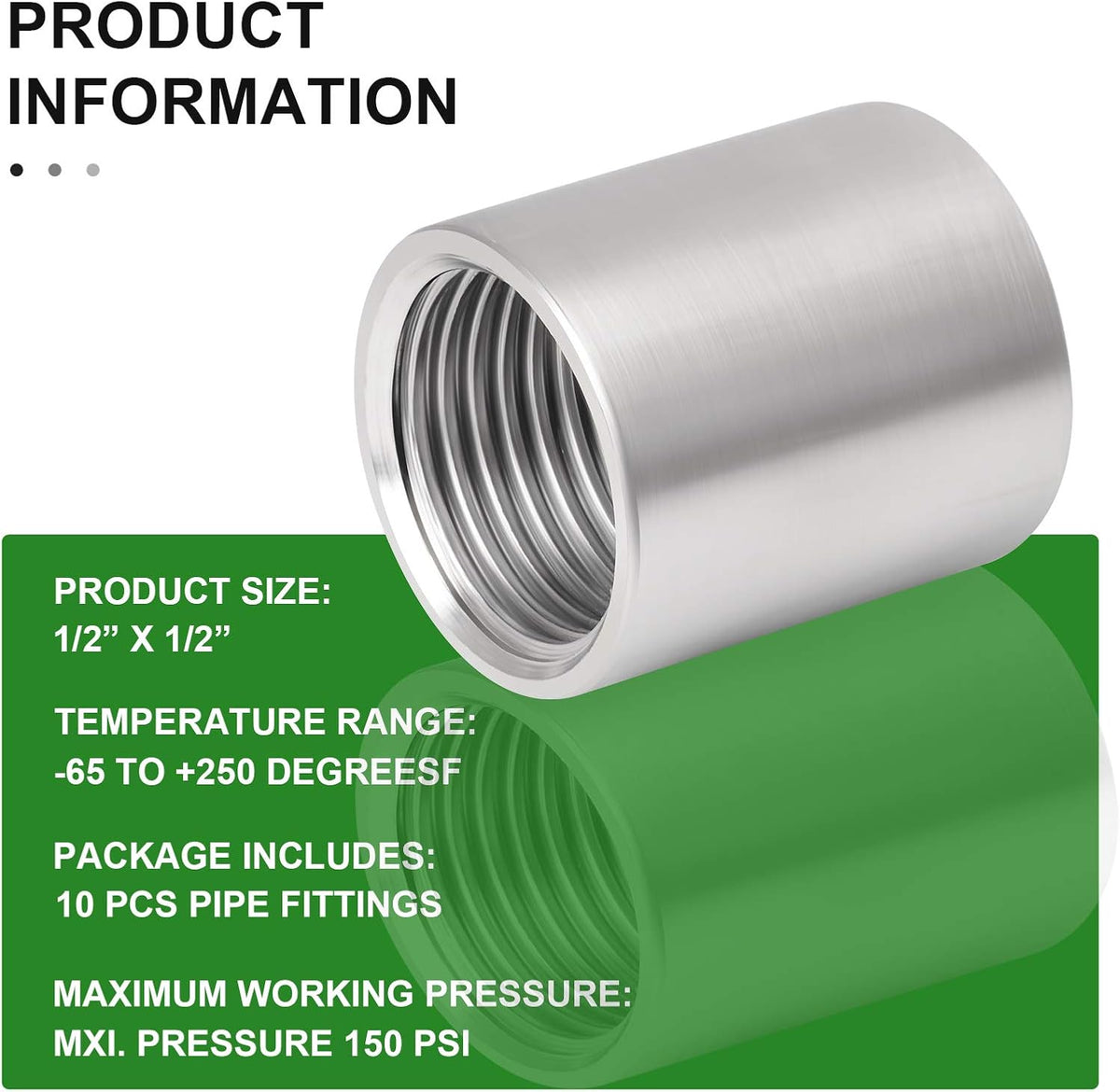 TAISHER 10PCS 304 Stainless Steel Cast Pipe Fitting, Coupling, 1/2" x 1/2" NPT Female Threaded
