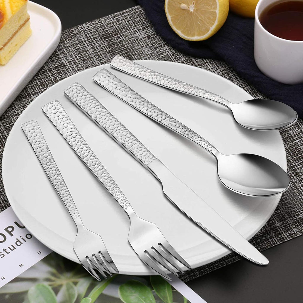 60-Piece Silverware Set, Hammered Stainless Steel Square Flatware Cutlery Set for 12, Tableware Set Eating Utensils