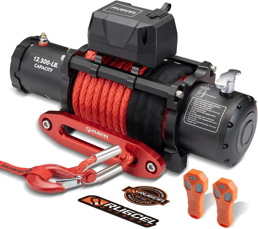 13500lb Waterproof Electric Truck Winch 12V Synthetic Rope Winch with Hawse Fairlead,Wired Handle and 2 Wireless Remote