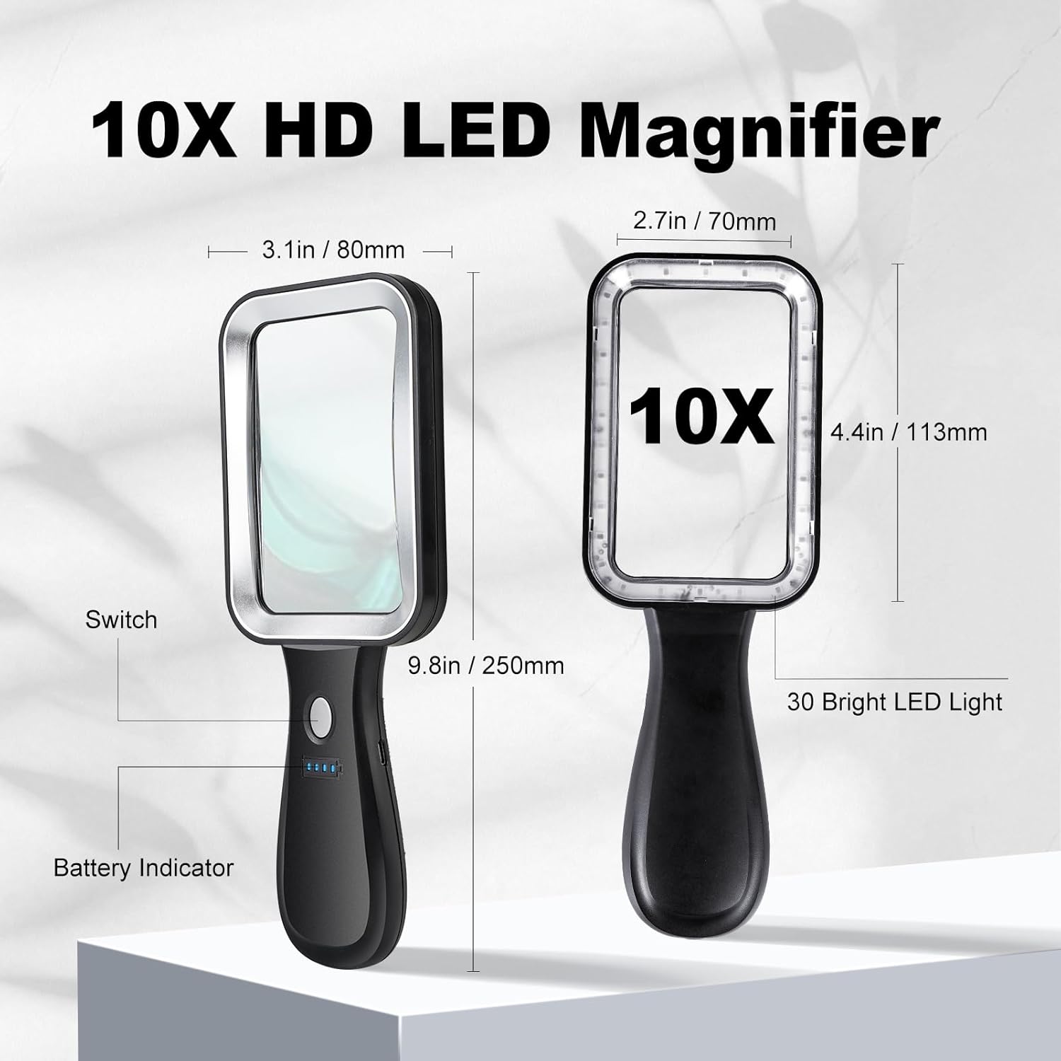 10X Magnifying Glass with Light, Rechargeable Magnifier with 3 Color Modes, Lighted Magnifying Glass Handheld for