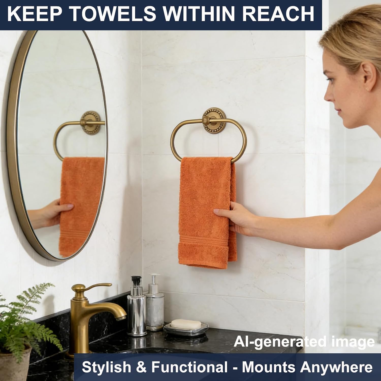 Antique Brass 4-Piece Bathroom Hardware Set Adjustable Towel Bar 13-24" | Vintage Gold Towel Bar, Oval Towel Ring