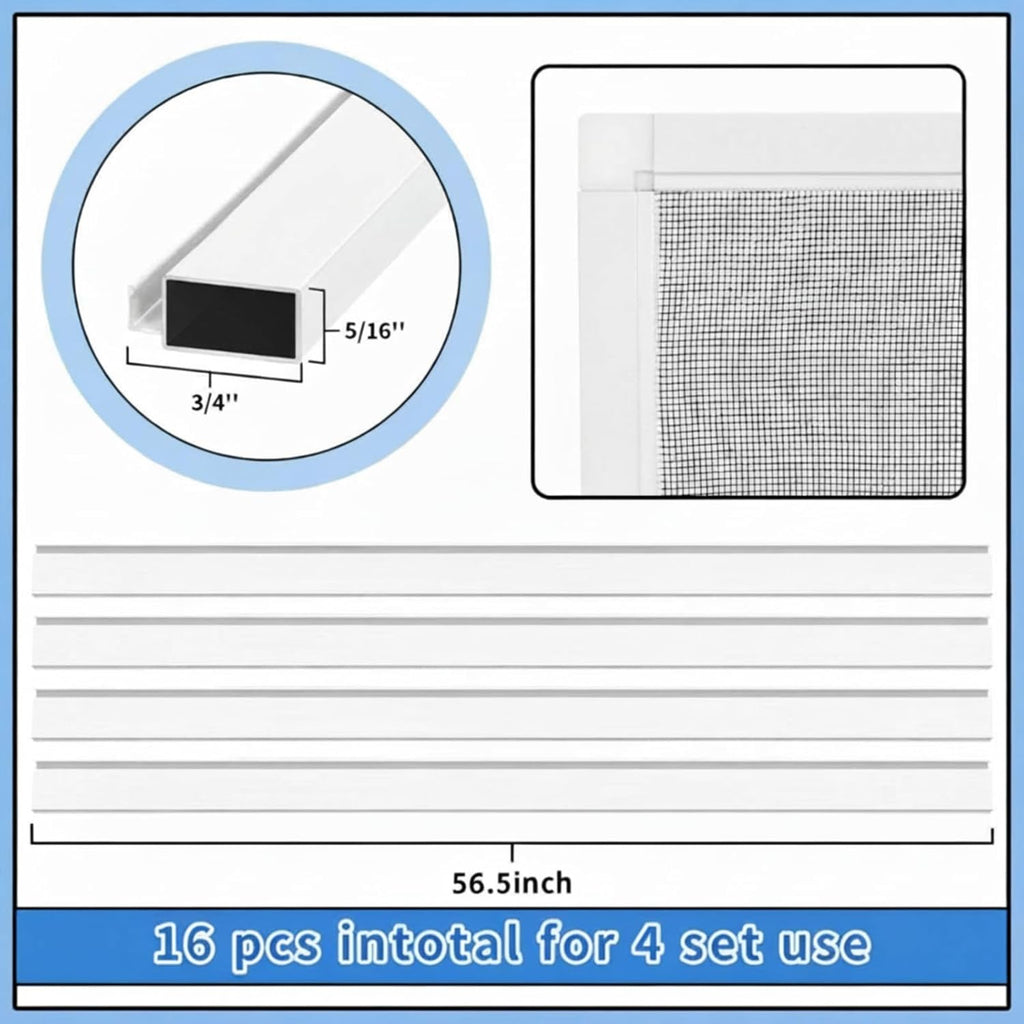 4 Pack Window Screen Kit with Aluminum Frame, White, 58'' X 58''