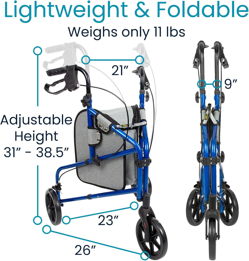 3 Wheel Walker - Three Wheeled Rollator for Seniors - Lightweight, Foldable, Narrow, Heavy Duty - for Elderly Men