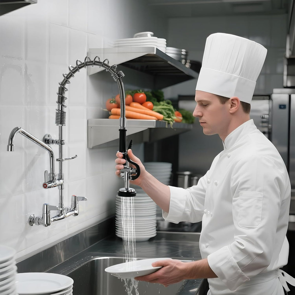 25" Commercial Sink Faucet Wall Mount with Pre-Rinse Sprayer