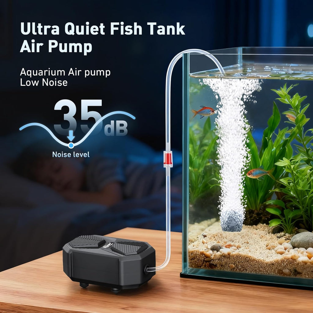 Aquarium Air Pump, Ultra Quiet Oxygen Aerator with Air Stone Airline Tubing Check Valve, Aquarium Fish Tank Air