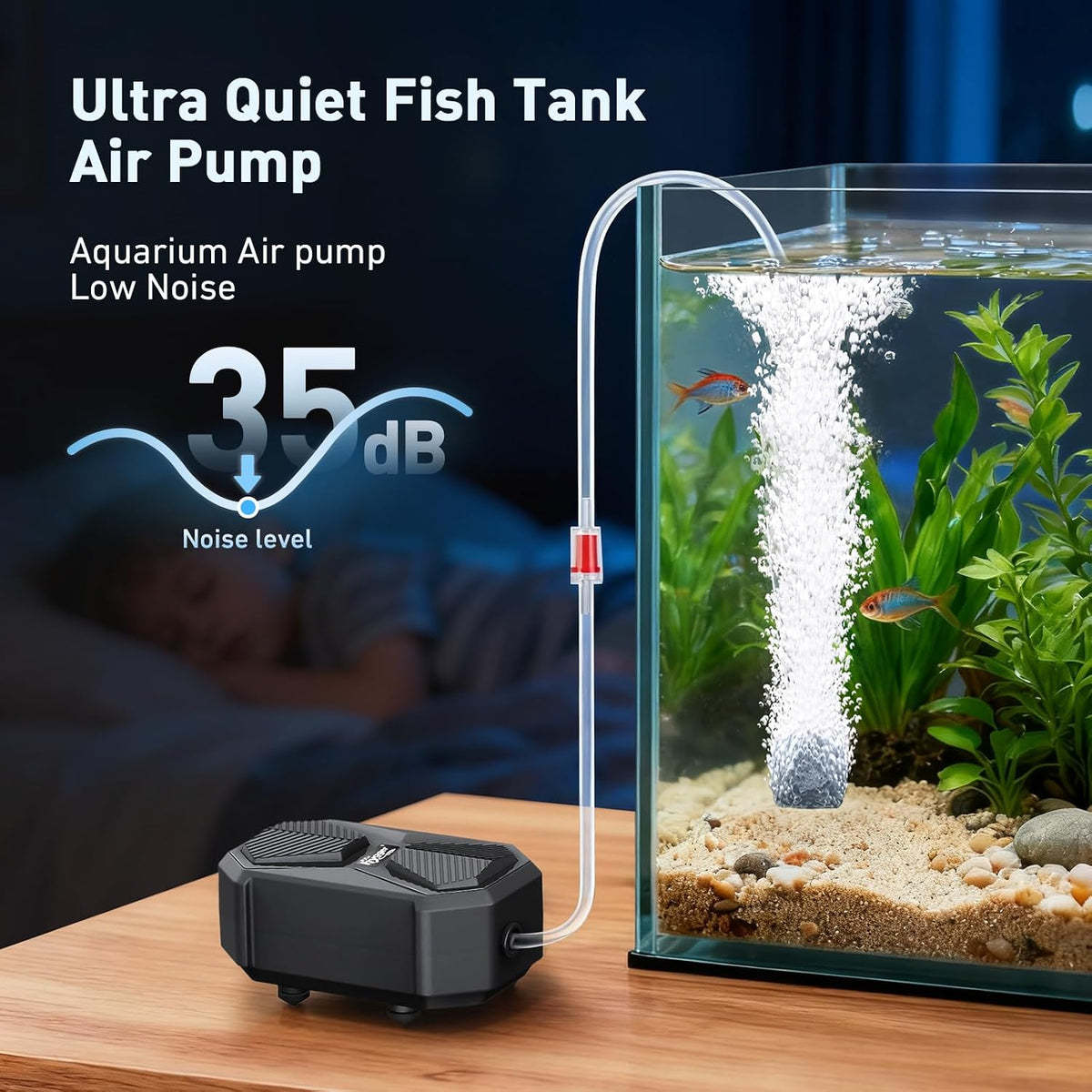 Aquarium Air Pump, Ultra Quiet Oxygen Aerator with Air Stone Airline Tubing Check Valve, Aquarium Fish Tank Air