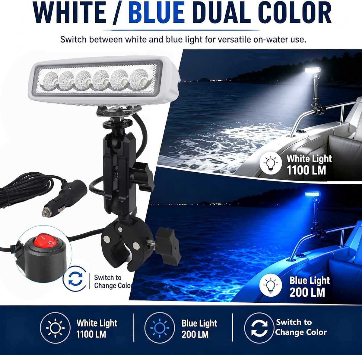 Clamp On LED Boat Spreader Light, 6 Inch 18W Dual Color