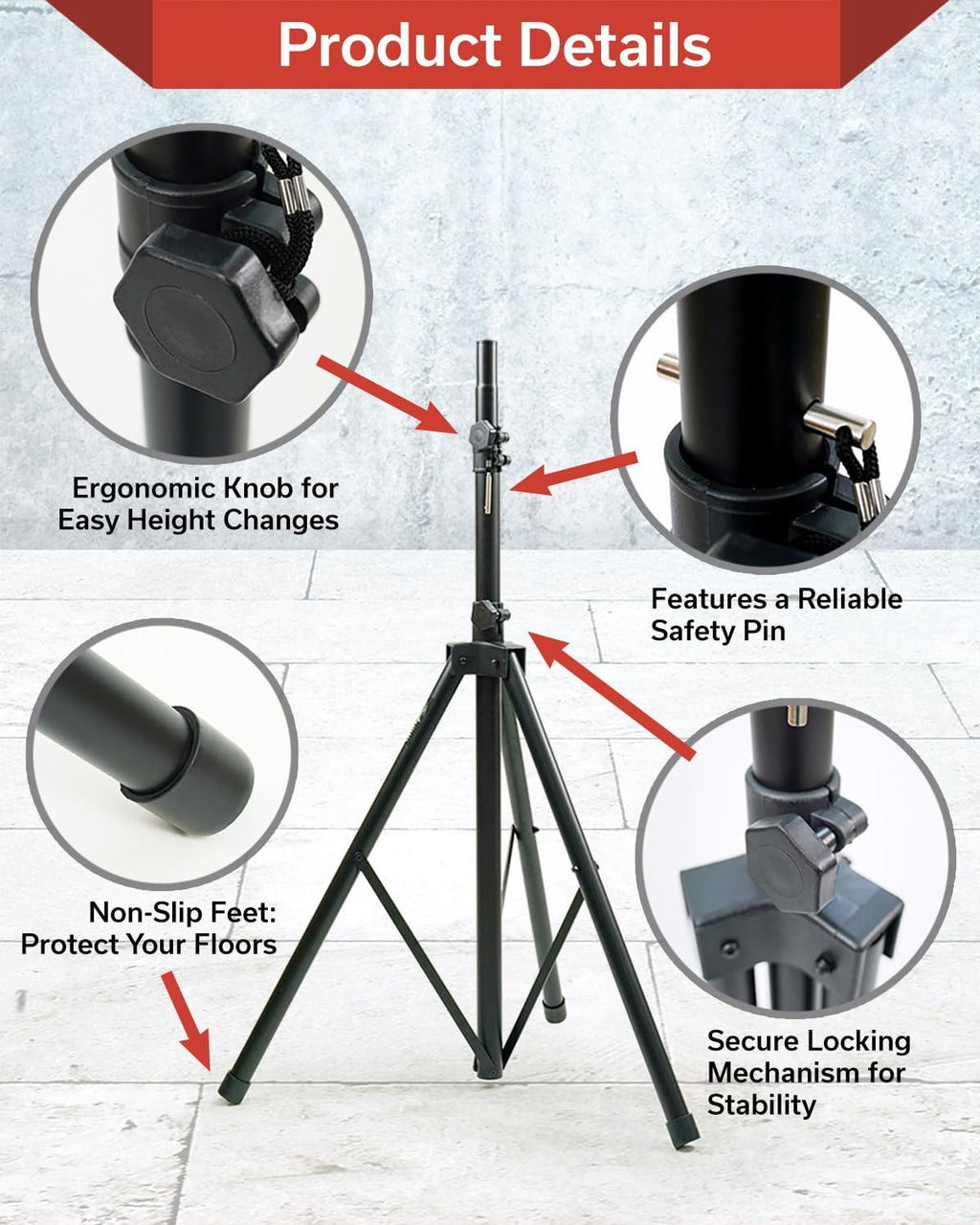 KB715S Adjustable Speaker Stand, 44"–80" Height, Heavy-Duty Tripod for Stage and Studio, Black