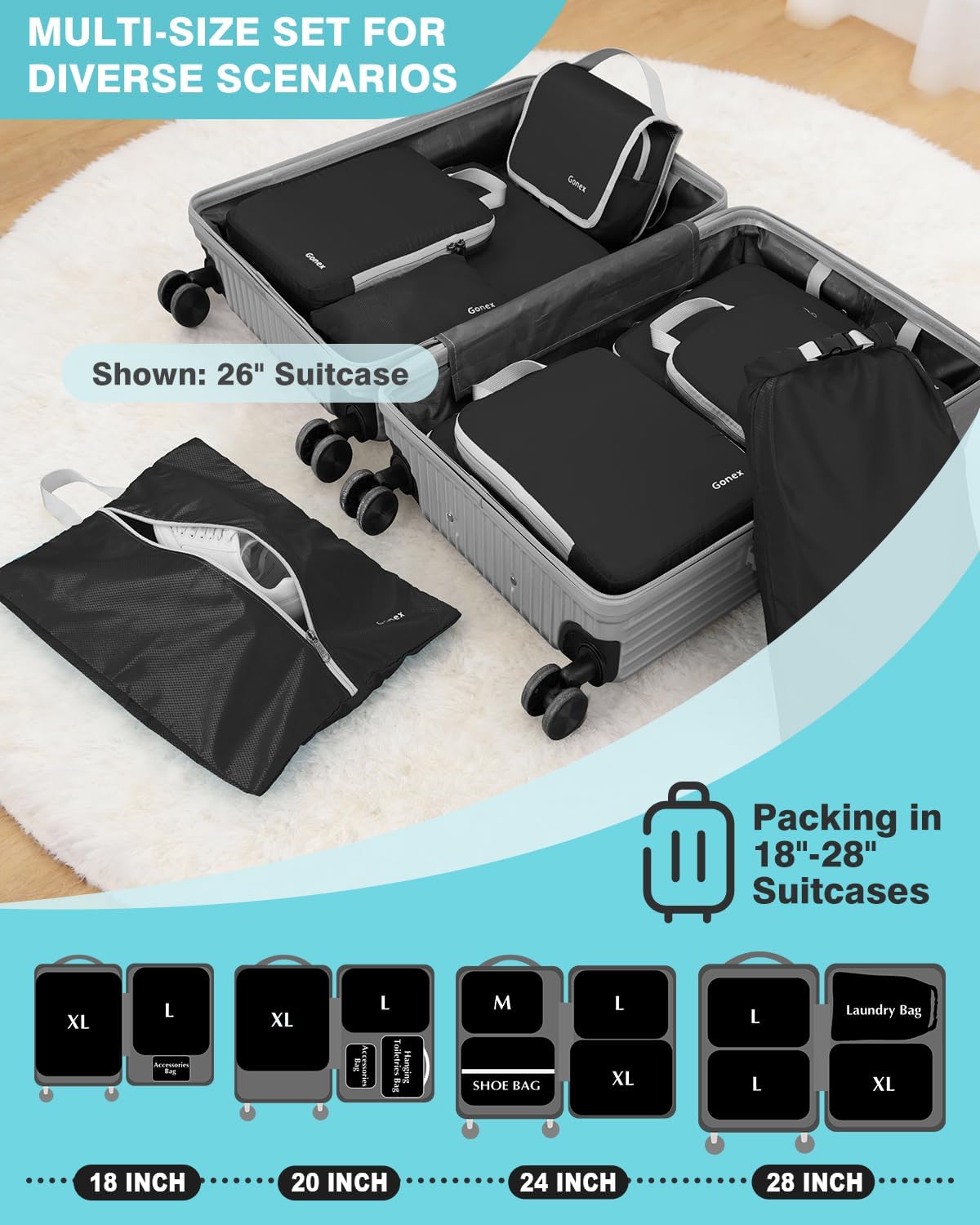 10-Piece Compression Packing Cubes with Travel Organizer Set | Expandable Design, Hanging Toiletry Bag, Laundry Bag