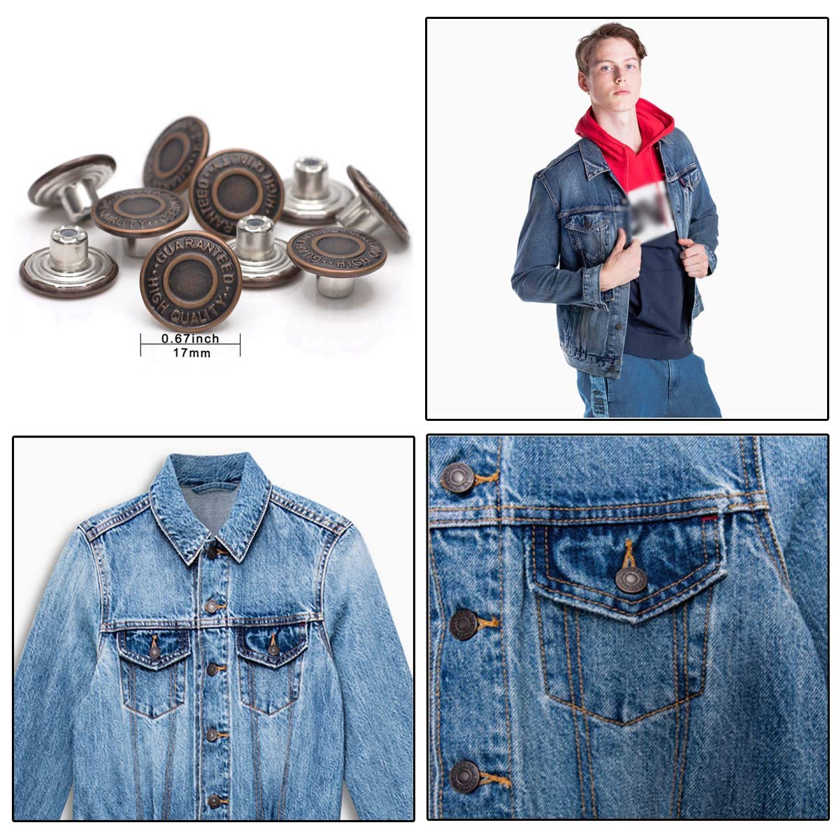 17mm Brass Jeans Buttons, No Sew Metal Tack Buttons Replacement Kit