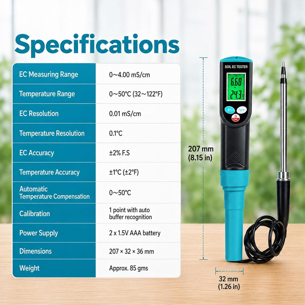 Digital Soil EC Meter 2-in-1 Porfessional Plants EC Temperature Tester Meter with Corded Sensor, Backlight LCD