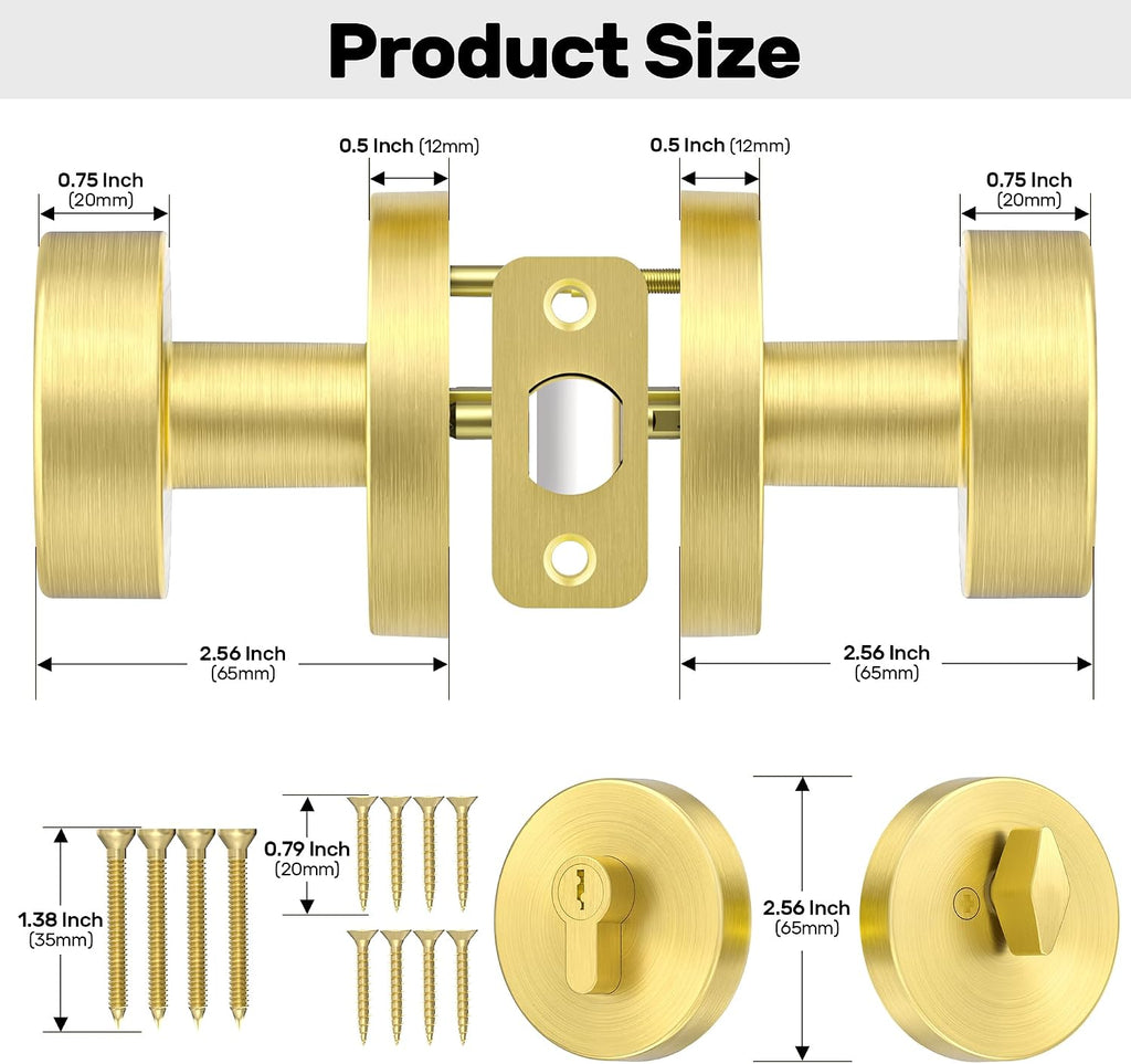 Gold Door Knob with Deadbolt Lock, Satin Brass Front Door Handle with Deadbolt Lock Set, Round Deadbolt and Exterior